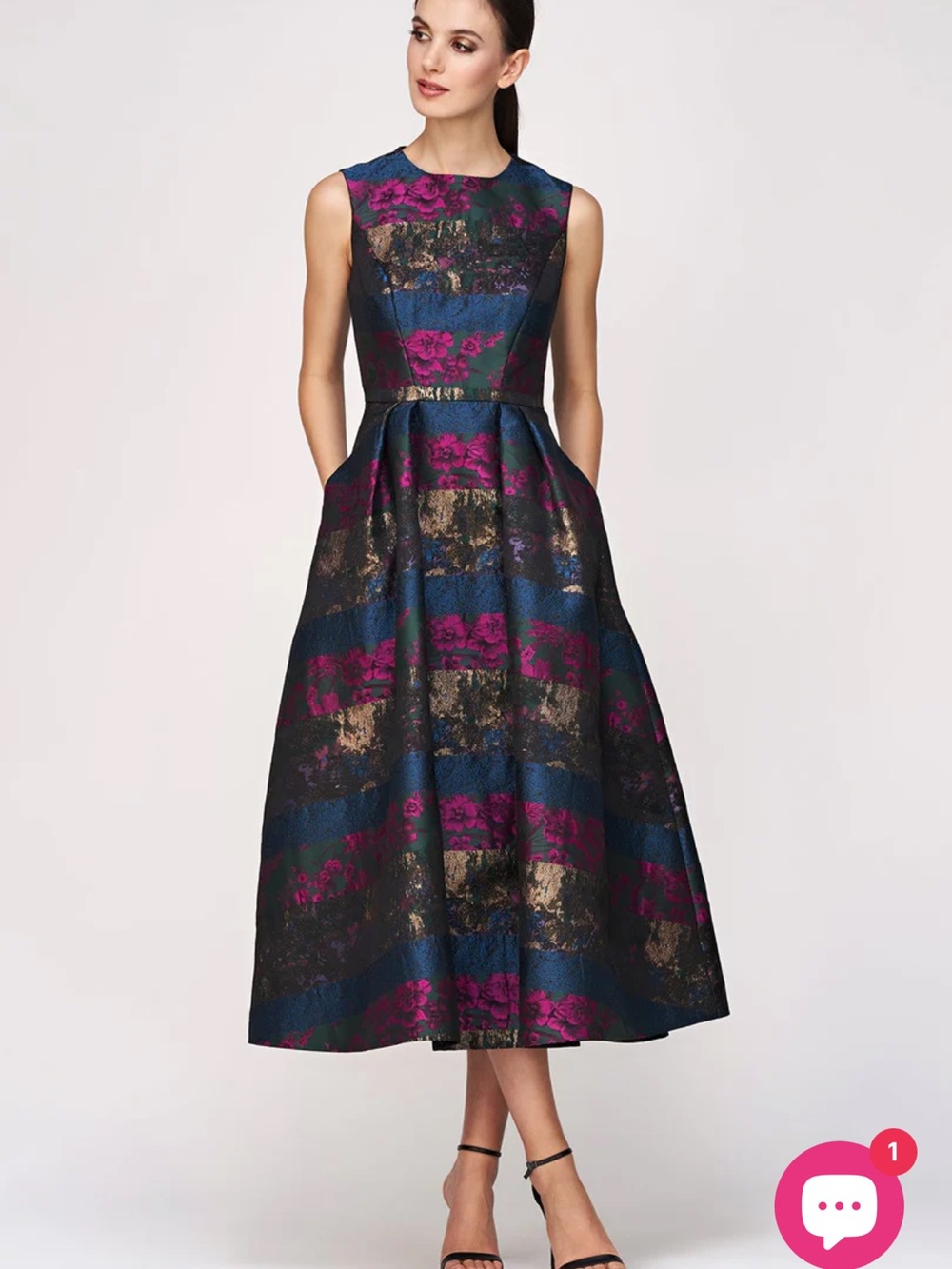 Kay Unger Blue, Magenta and Gold Striped Floral Midi Dress